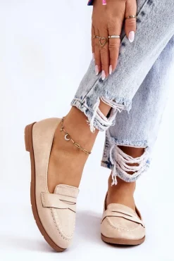 Wygodne Zamszowe Damskie Mokasyny Beżowe Lucca