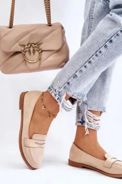 Wygodne Zamszowe Damskie Mokasyny Beżowe Lucca