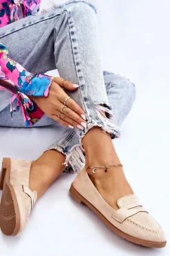 Wygodne Zamszowe Damskie Mokasyny Beżowe Lucca