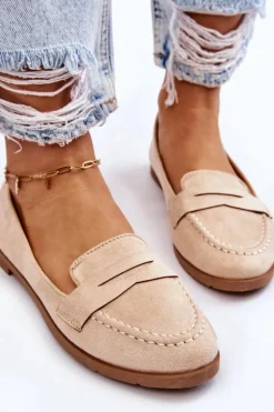 Wygodne Zamszowe Damskie Mokasyny Beżowe Lucca