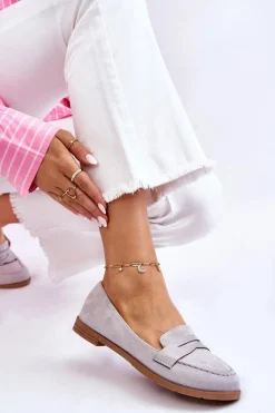 Wygodne Zamszowe Damskie Mokasyny Szare Lucca