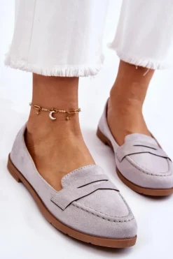 Wygodne Zamszowe Damskie Mokasyny Szare Lucca
