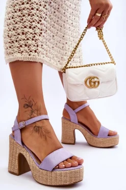 Wygodne Zamszowe Sandały Na Masywnym Słupku Fioletowe Elishia