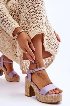 Wygodne Zamszowe Sandały Na Masywnym Słupku Fioletowe Elishia