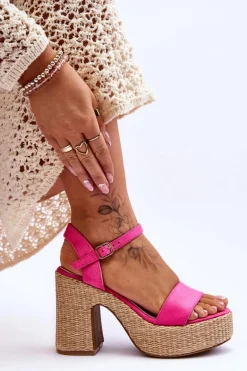 Wygodne Zamszowe Sandały Na Masywnym Słupku Fuksja Elishia