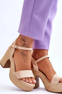 Wygodne Zamszowe Sandały Na Masywnym Słupku Beżowe Elishia