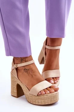 Wygodne Zamszowe Sandały Na Masywnym Słupku Beżowe Elishia