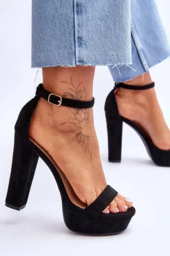 Wygodne Zamszowe Sandały Na Wysokim Słupku Czarne Essence