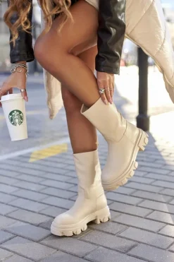 Wysokie Botki Na Traperze Beżowe Loren