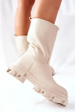 Wysokie Botki Na Traperze Beżowe Loren