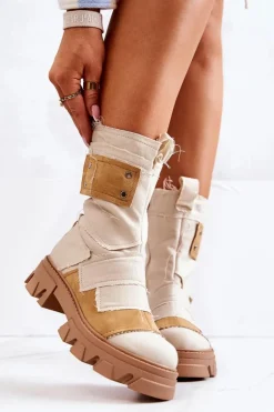 Wysokie Botki Workery Na Suwak Beżowe Nerisa