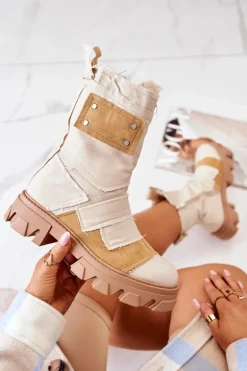 Wysokie Botki Workery Na Suwak Beżowe Nerisa