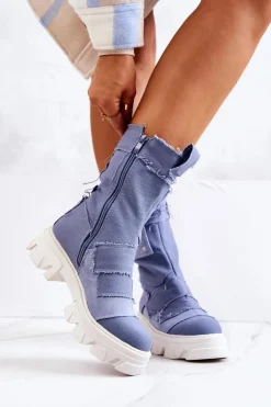 Wysokie Botki Workery Na Suwak Niebieskie Nerisa