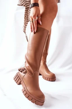 Wysokie Brązowe Kozaki z Łańcuchem Teardown