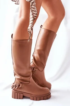 Wysokie Brązowe Kozaki z Łańcuchem Teardown