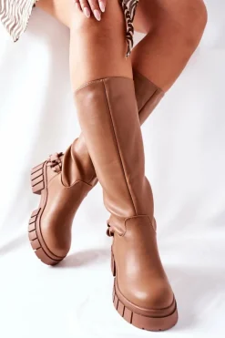 Wysokie Brązowe Kozaki z Łańcuchem Teardown