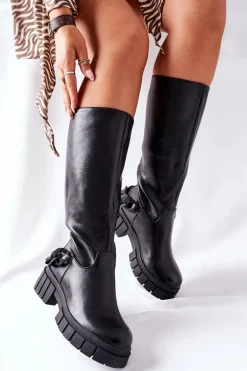 Wysokie Czarne Kozaki z Łańcuchem Teardown