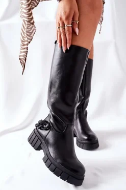 Wysokie Czarne Kozaki z Łańcuchem Teardown