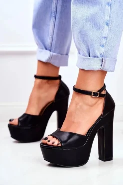 Wysokie Czarne Sandały na Słupku Platforma HighShoes