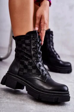 Wysokie Damskie Botki Wiązane Czarne Verlon