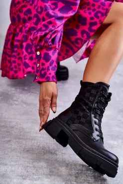 Wysokie Damskie Botki Wiązane Czarne Verlon