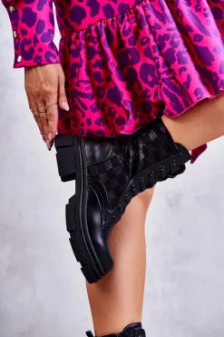 Wysokie Damskie Botki Wiązane Czarne Verlon