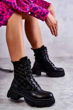 Wysokie Damskie Botki Wiązane Czarne Verlon