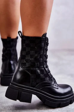 Wysokie Damskie Botki Wiązane Czarne Verlon