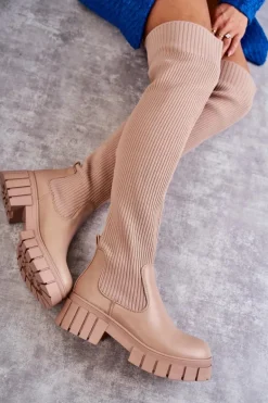 Wysokie Damskie Kozaki Za Kolano Beżowe Austin