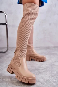 Wysokie Damskie Kozaki Za Kolano Beżowe Austin