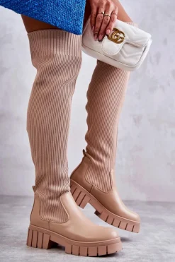 Wysokie Damskie Kozaki Za Kolano Beżowe Austin