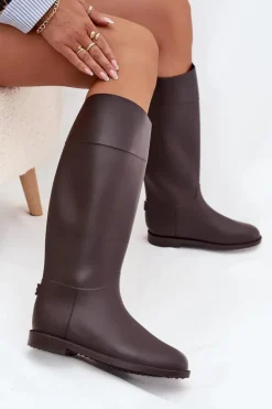Wysokie Kalosze Damskie Na Płaskim Obcasie Czekoladowe Melianne