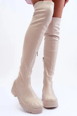 Wysokie Kozaki Na Suwak Beżowe Dudesa