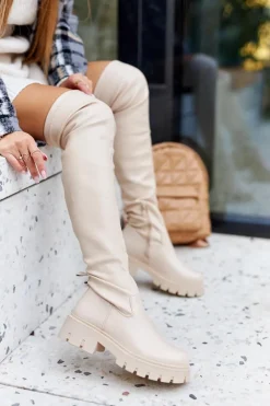 Wysokie Kozaki Z Ozdobnym Elementem Beżowe Masha