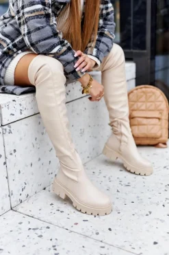 Wysokie Kozaki Z Ozdobnym Elementem Beżowe Masha