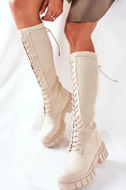 Wysokie Kozaki ze Skarpetą Beżowe Monteri