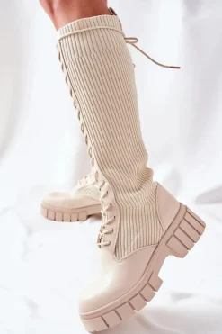 Wysokie Kozaki ze Skarpetą Beżowe Monteri