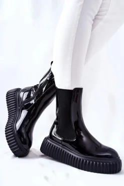 Wysokie Lakierowane Botki Na Platformie Czarne Sereia