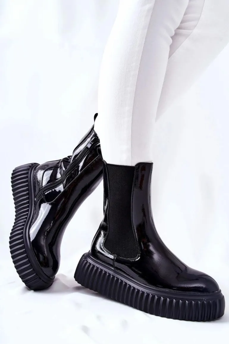 Wysokie Lakierowane Botki Na Platformie Czarne Sereia