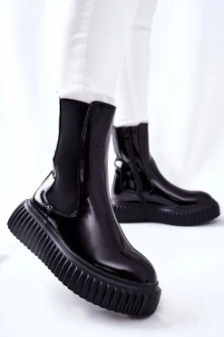 Wysokie Lakierowane Botki Na Platformie Czarne Sereia