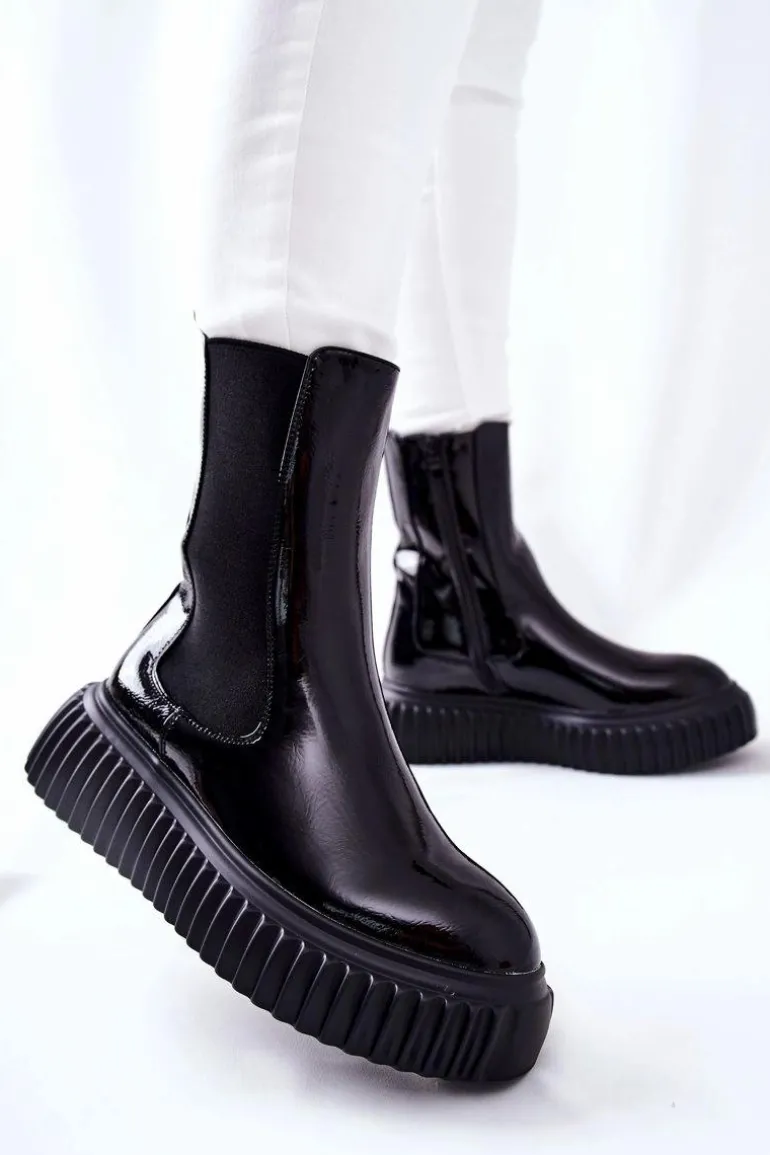 Wysokie Lakierowane Botki Na Platformie Czarne Sereia