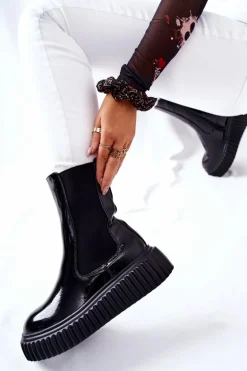 Wysokie Lakierowane Botki Na Platformie Czarne Sereia