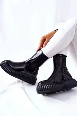 Wysokie Lakierowane Botki Na Platformie Czarne Sereia