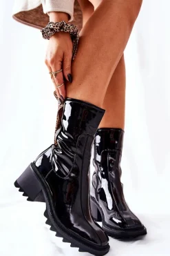 Wysokie Lakierowane Botki Na Obcasie Czarne Merelien