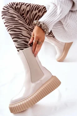 Wysokie Lakierowane Botki Na Platformie Beżowe Sereia