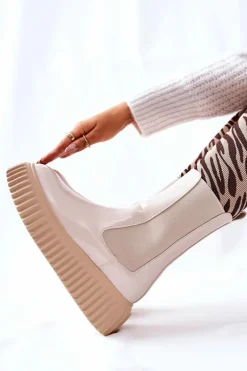 Wysokie Lakierowane Botki Na Platformie Beżowe Sereia