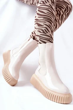 Wysokie Lakierowane Botki Na Platformie Beżowe Sereia