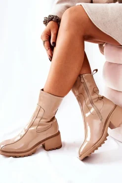 Wysokie Lakierowane Botki Na Obcasie Beżowe Merelien