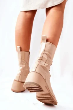 Wysokie Lakierowane Botki Na Obcasie Beżowe Merelien