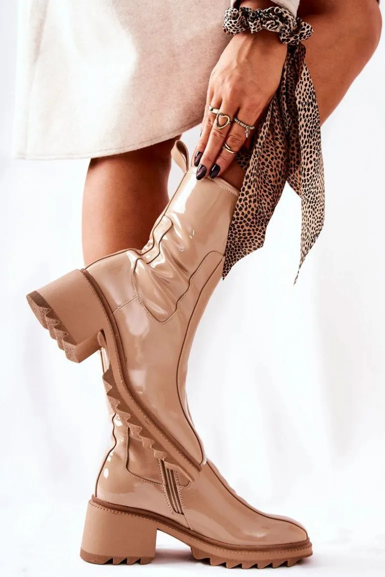 Wysokie Lakierowane Botki Na Obcasie Beżowe Merelien